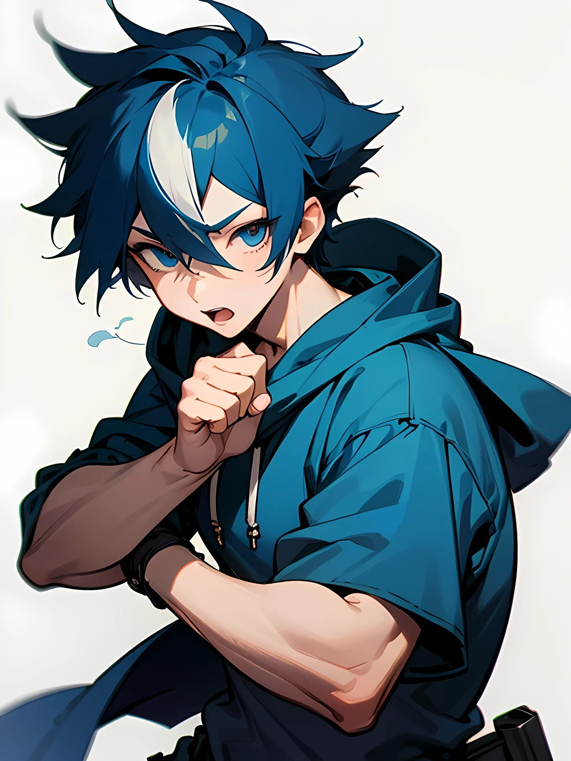 chibi,solo,upper body,boy,blue streaked color hair,short spiky hair,open forehead,male eyes,male nose,male mouth,blue hoodie,cargo pants,fighting stance,model pose,I'm the main character,white simple background,