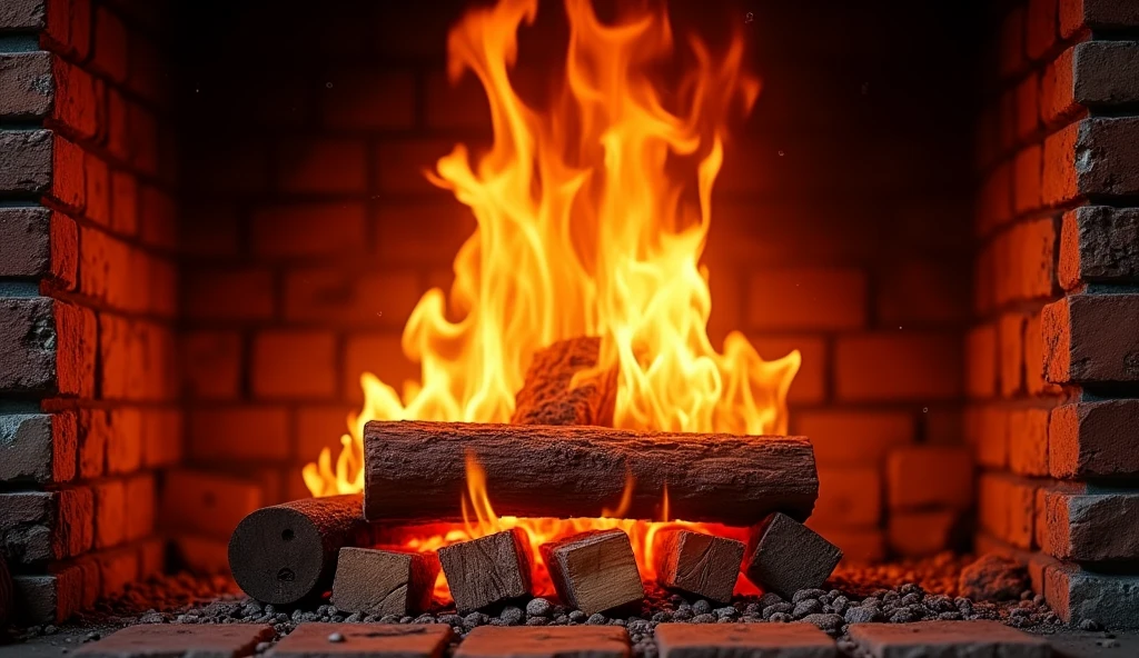 flames are burning in a fireplace with a brick wall in the background, fire place roaring, roaring fire, shutterstock, warm fireplace, beautiful fire, fire on the background, burning fire, best on adobe stock, flames of fire at background, burning fire embers, cosy fireplace, red flames in background, realistic fire sharp focus, the fire is made of binary code