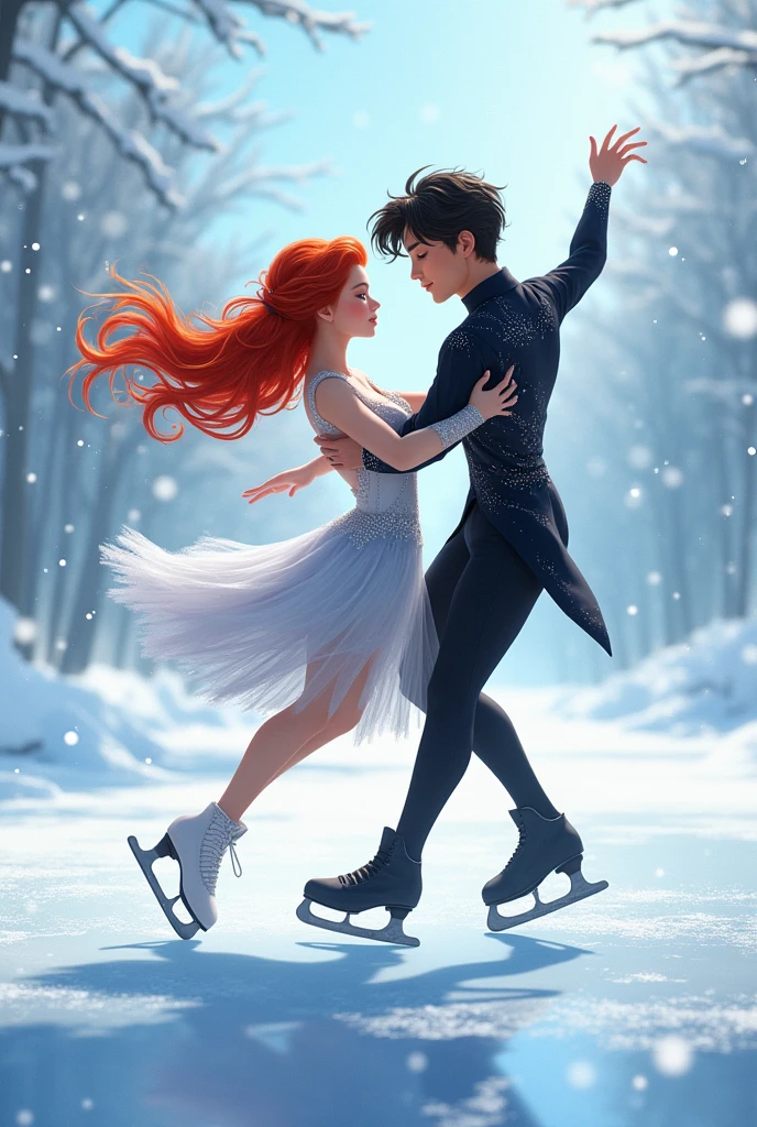 Create a pair of ice skaters, a red-haired girl and a black-haired boy