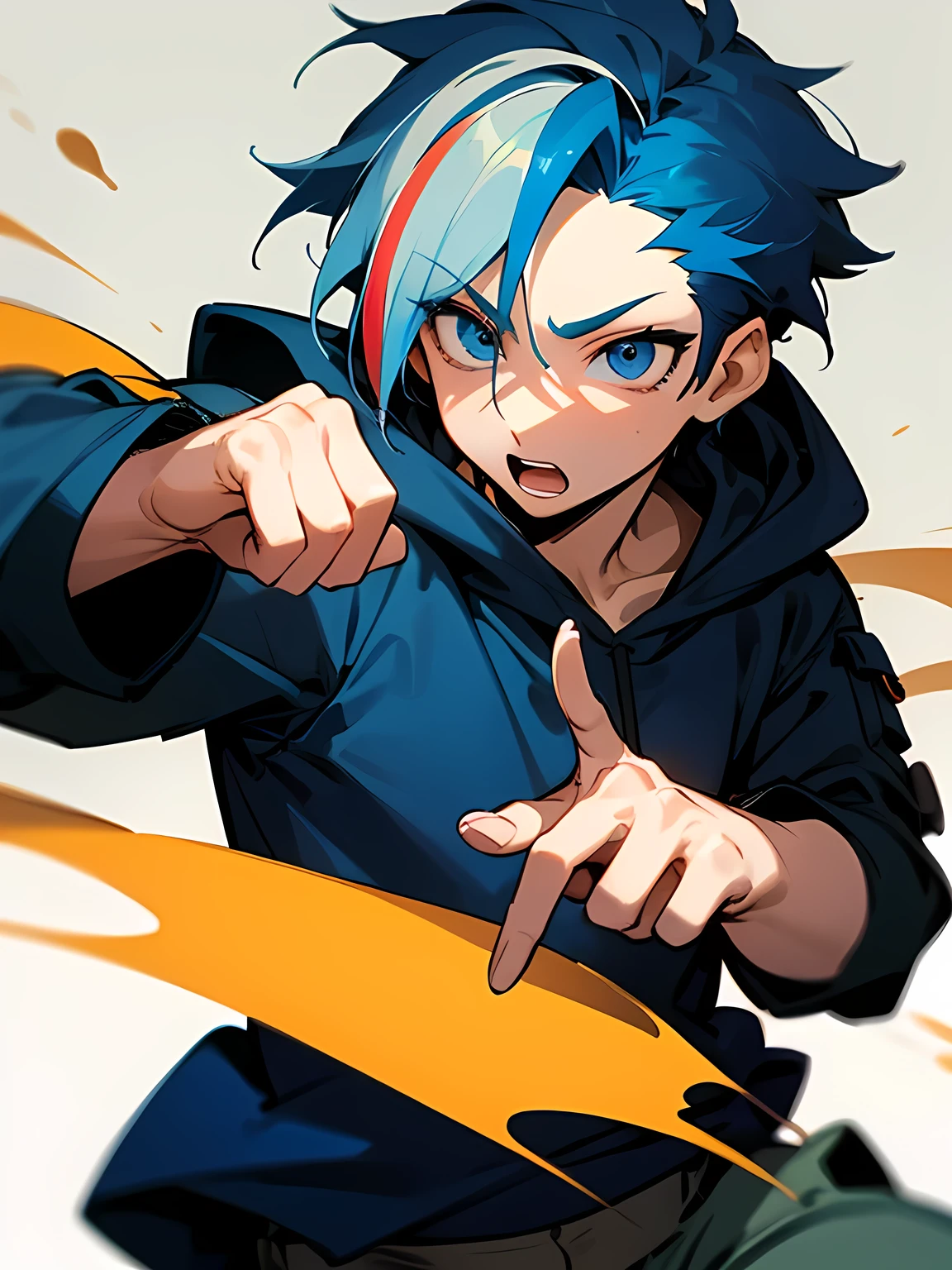 chibi,solo,upper body,boy,blue streaked color hair,short spiky hair,open forehead,male eyes,male nose,male mouth,blue hoodie,cargo pants,fighting stance,model pose,I'm the main character,white simple background,