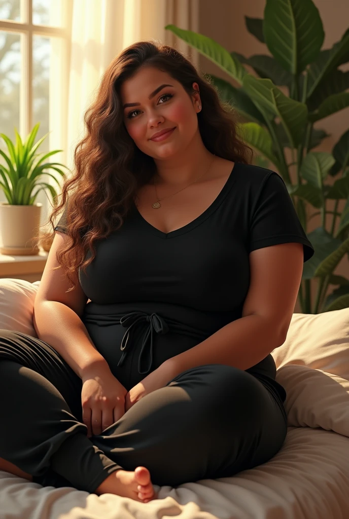(photorealism:1.2), beautiful plus size woman, sitting on bed, wearing black Tshirt top, pajama pants, long curly hair, indoors, soft lighting, plants in background, window with sunlight, cozy room, relaxed pose, realistic, intricate details, warm colors, by Greg Rutkowski, by Alphonse Mucha