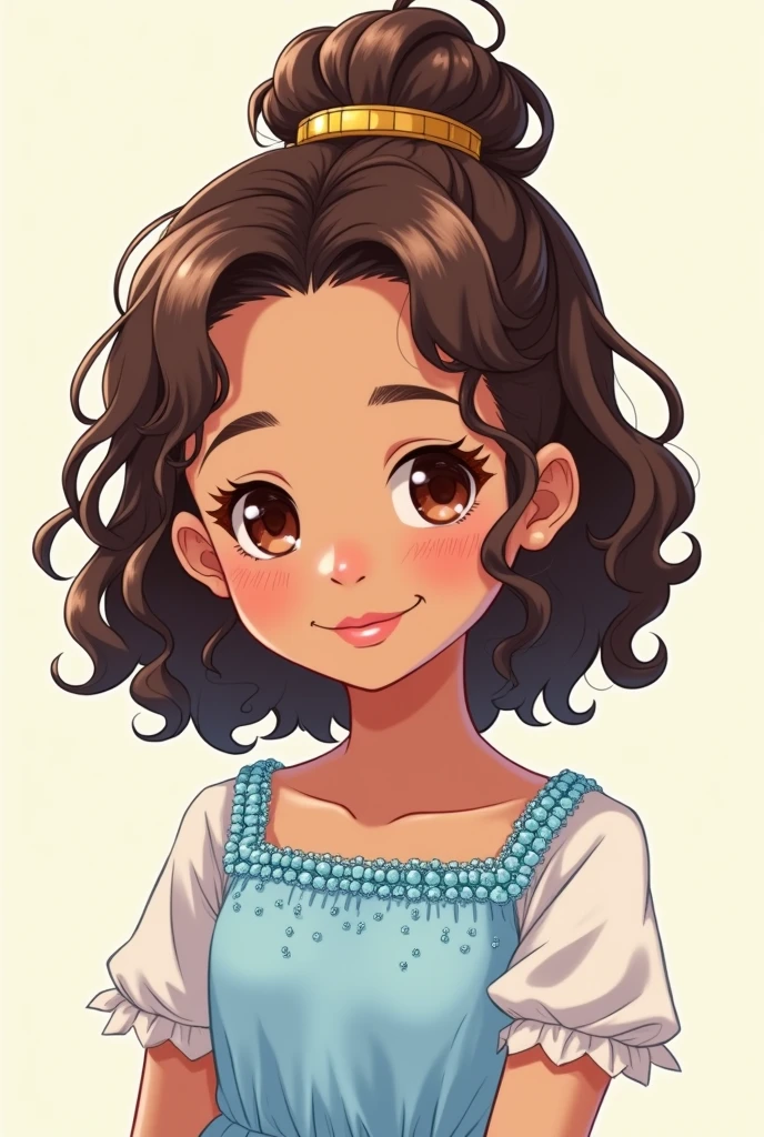Style manga, de 6 ans métisse, cheveux chatains bouclés en chignon, une decoration doré dans les cheveux, yeux marrons, robe bleue clair avec des paillettes bleues en haut.
Elle sourit, elle a un peu de maquillage sur les yeux