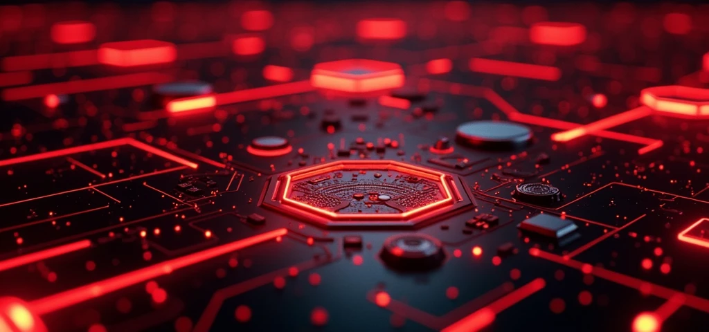 Dark background with red gradients and black details
Modern geometric lines and shapes, like circuits or hexagons
Neon lights and glow effects for a futuristic touch
Metallic or shiny textures in highlighted areas
Possible inclusion of technological elements, like control panels or holograms