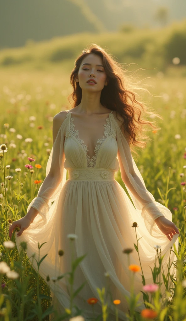 Very beautiful idol singer, Lonely face, singing, whole body, field, Daytime