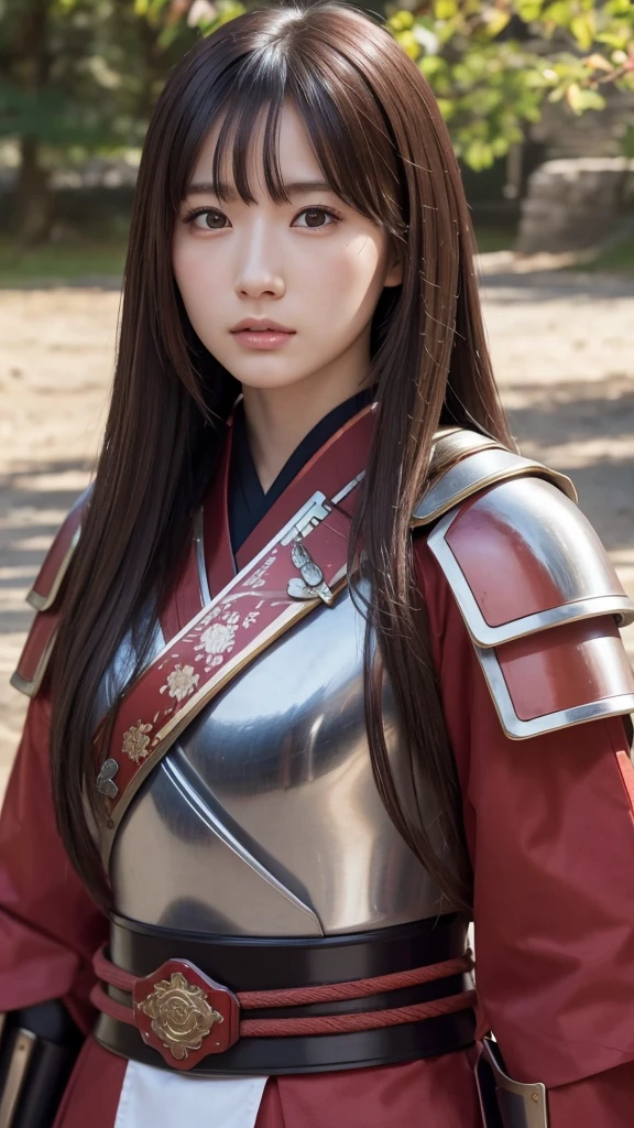 A beautiful Japanese female warrior in red samurai armor, upper body portrait, pale skin, long brown hair, serious expression, hyper realistic, outdoor scene