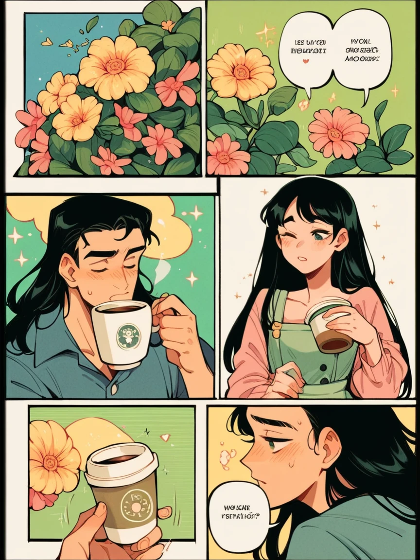 score_9, score_8_up, score_7_up, score_6_up, p4n3ls, 1girl, 1boy, coffee, flowers, long hair, panels, (8k, best quality, master piece: 1.2),super high resolution,A page of a soft pastel colored comic book divided into frames、Romeo and Juliet、A princess falls in love with a prince、speech bubble、Powerful girl manga style