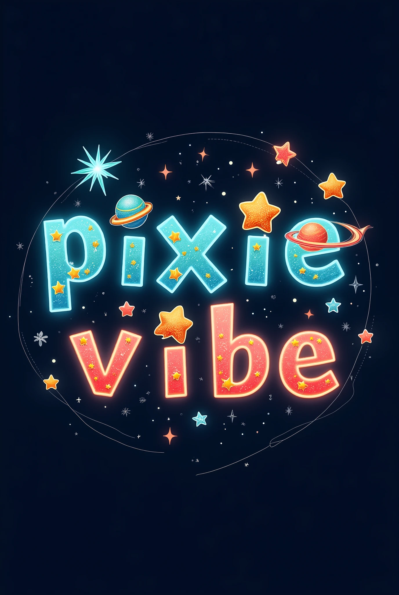 Dynamic interstellar font design：Use modern and dynamic fonts，Highlight the innocence, cuteness and liveliness of children。 Pattern elements：Design the letters &quot;PixieVibe&quot; in interstellar style，Each letter has a shooting star、Star or planet decoration，Add vitality and fun。 Color Scheme：The main color is bright blue、Orange and green，The letters have a glowing effect of stars and shooting stars，The background is dark（Such as dark blue or black），Highlight interstellar effects。