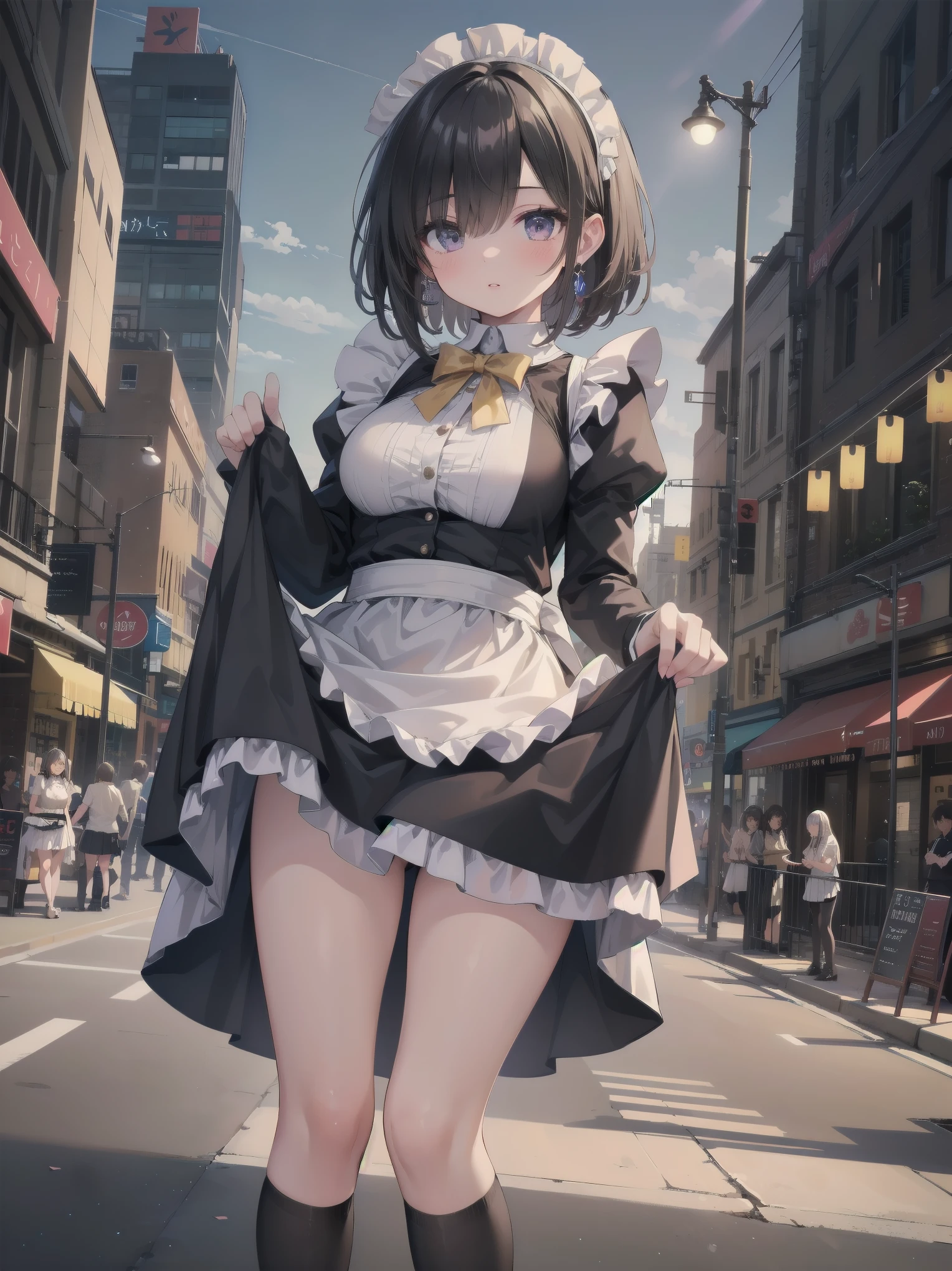 Highly detailed CG Unity 8k wallpaper, Top quality, Highly detailed, Masterpiece, Highly detailed pretty girl, , (((lifting skirt by herself))), (lifting skirt by herself)), dynamic angles, sexy pose, blush, lips apart, looking at audience, half body shot, (crowd), (crowded big city)), hair over one eye, immaculate beauty, less revealing maid outfit, classical maid fashion