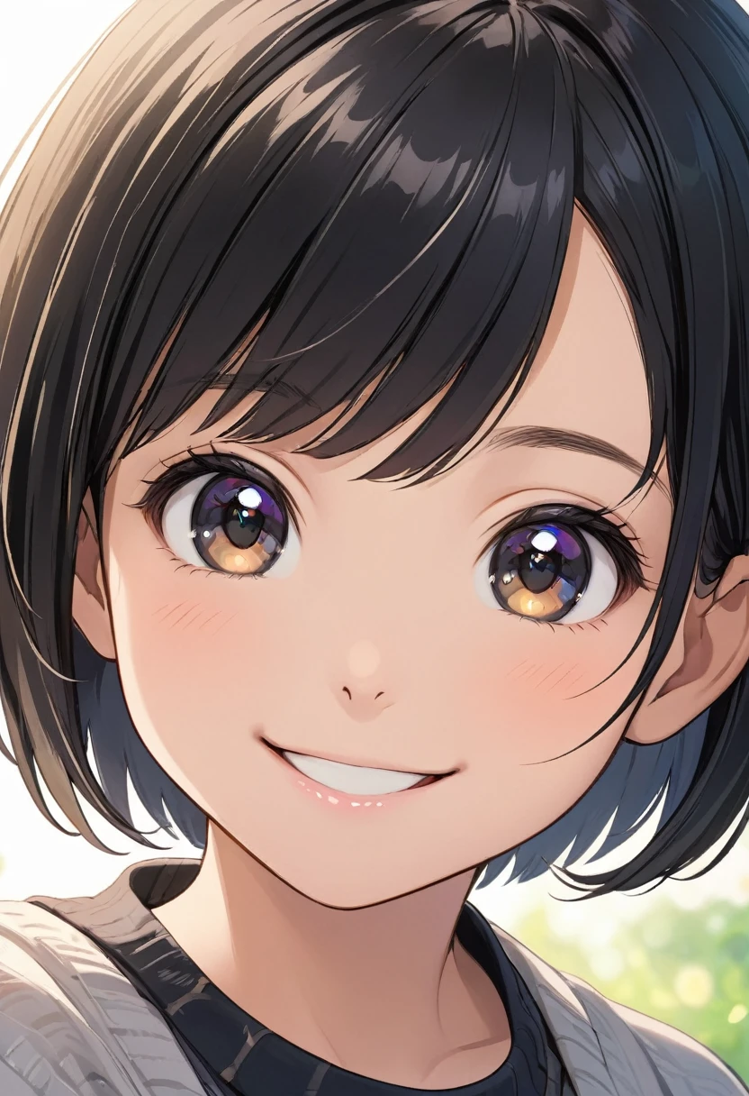 woman,Short Hair,Black Hair,10yo,cute,smile,smile,looking at viewer,close-up head
