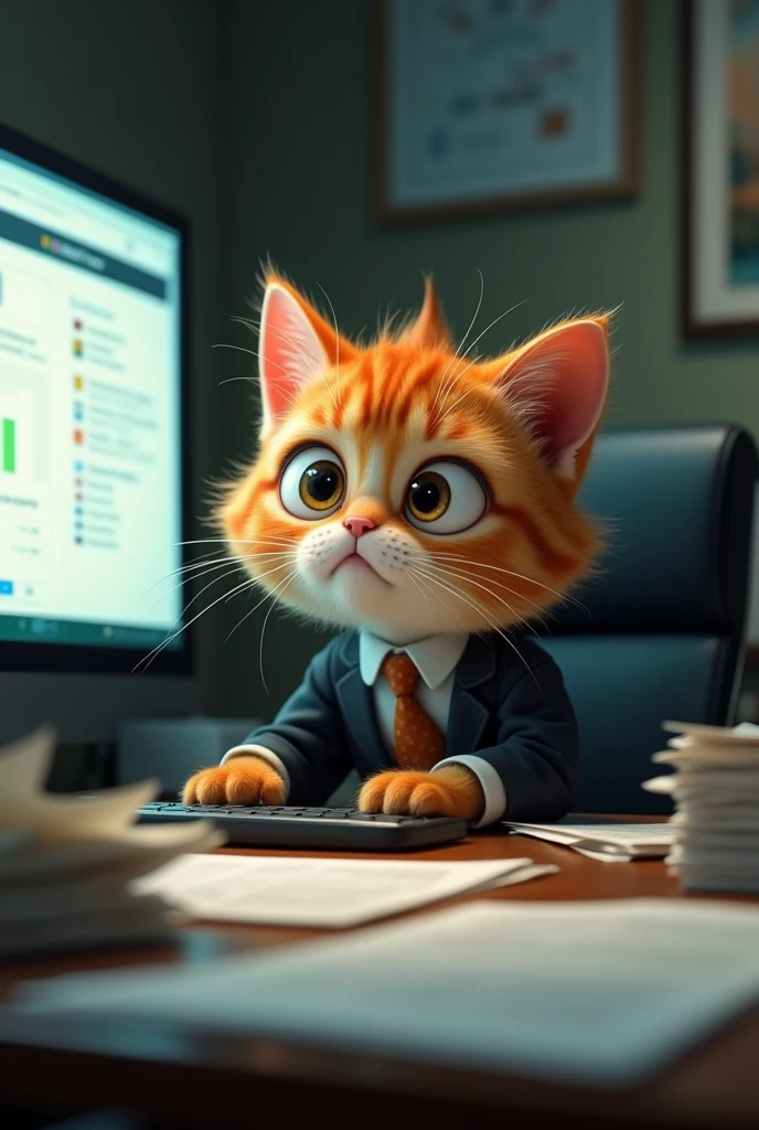"Work at an office desk、Pixar-style AI cat depicted as a stressed little kitten。 Kitten dressed in a suit、I sat in front of my computer with a desperate look on my face.、His eyes are wide and his eyebrows are knitted together in panic.。 There are papers scattered on the desk.、There are multiple tabs and documents open on your computer screen.、I know there is a lot of work to do。 The kitten's posture、Feeling tense, as if overwhelmed by the amount of work。 The office environment is typical.、Dim lighting and a slightly cluttered atmosphere、Reflects the kitten's sense of urgency and stress。"
}