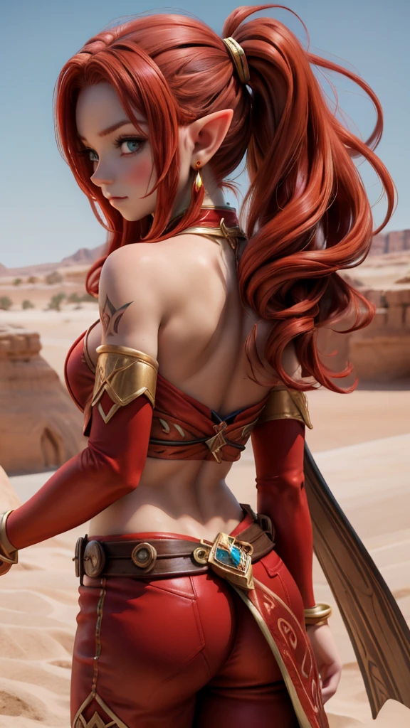 Ariel, upper body portrait, elf, Red hair, Beautiful, cute arabic clothes, warrior, life, correspond, Red hair, cowboy shot, back view, looking back, desert background, Realistic Fantasy ,conceptual art