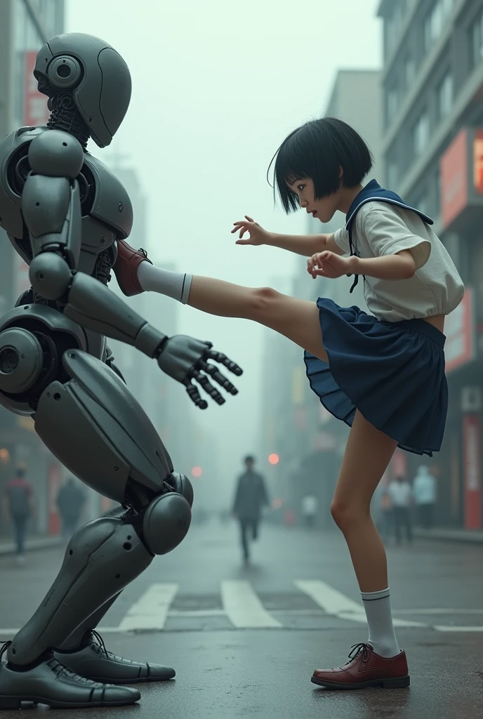 A high school girl roundhouse kicks an invading android、City、Cloudy、Black Hair、Shortcuts、Japanese、Real、photograph、
