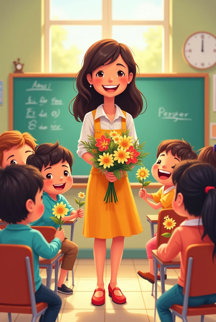 emily eldridge style,Cartoon cute style, Sunlight, Bright classroom background, Teaching blackboard, A teacher holding flowers, Smile, Some students clapped around,Some students hold flowers, very happy, Marker pen illustration,Flat style,Simple line illustration,High Detail,Full HD.