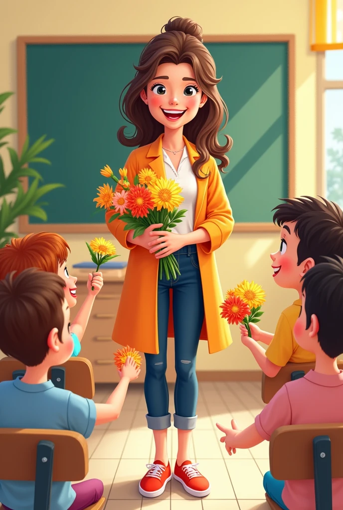emily eldridge style,Cartoon cute style, Sunlight, Bright classroom background, Teaching blackboard, A teacher holding flowers, Smile, Some students clapped around,Some students hold flowers, very happy, Marker pen illustration,Flat style,Simple line illustration,High Detail,Full HD.