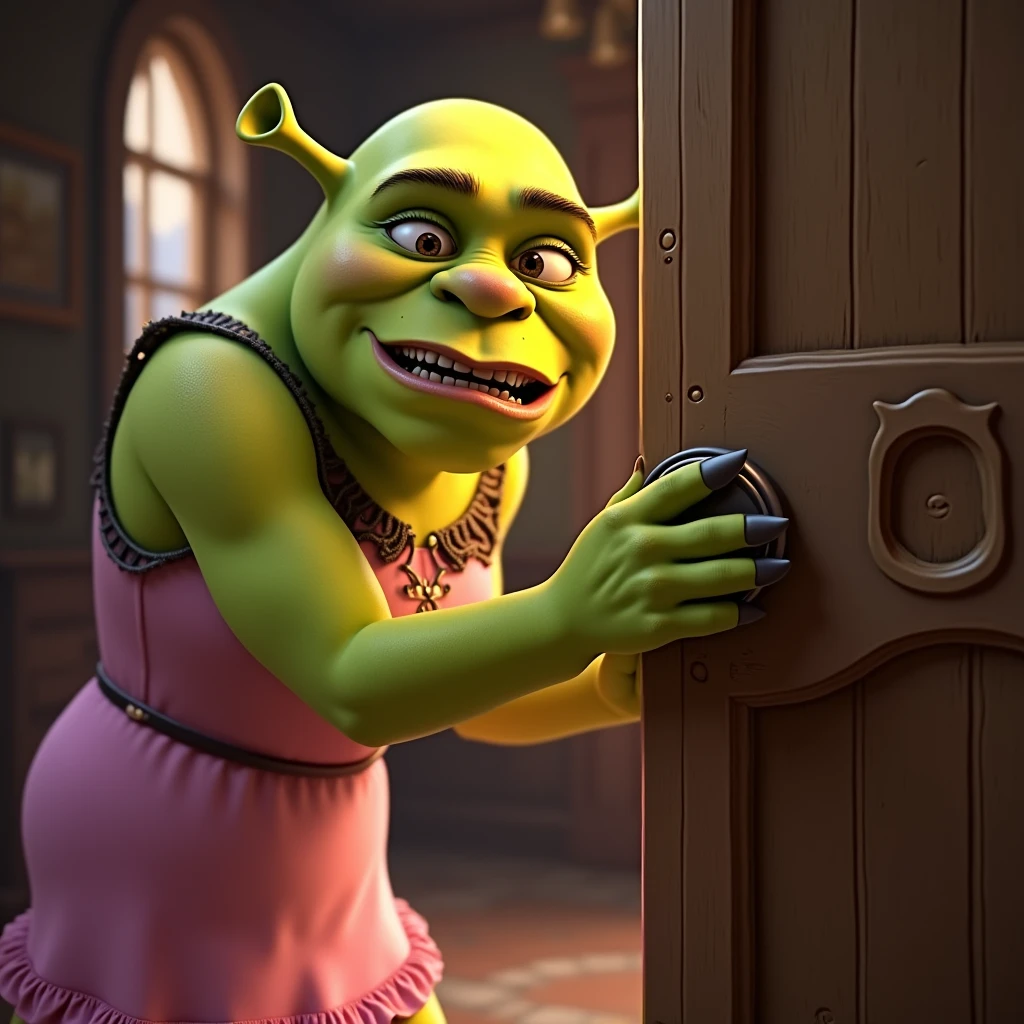 Disney Pixar:1.2)Generate image of Fiona, From the movie “Shrek”, in shrek mode, wearing a pink dress, carefully holding a door knob while opening a door, squinting eyes afraid to break the door knob