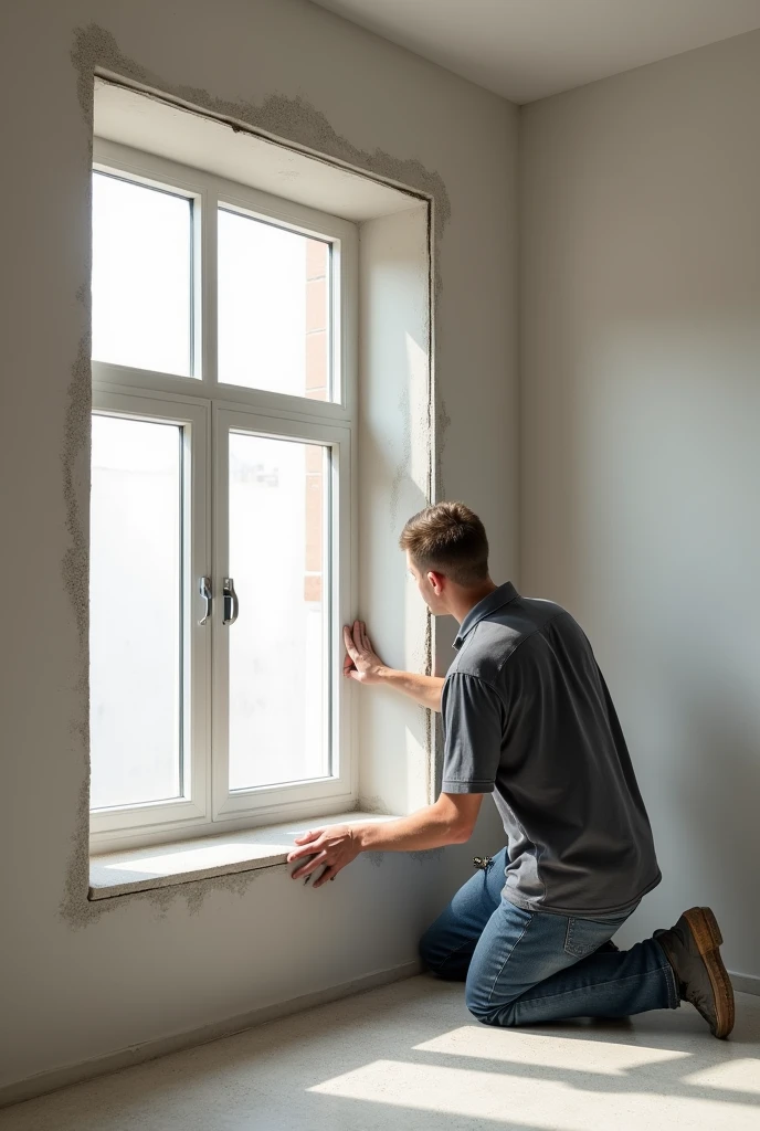 A professional and realistic image depicting the finishing of window slopes (reveals) using drywall (gypsum board) in a modern interior. The image shows a technician carefully installing and smoothing the drywall around the window, creating clean, straight edges and a seamless finish. The window slope is perfectly aligned with the surrounding wall, showcasing the precision and quality of the workmanship. The scene is well-lit and organized, with attention to detail in the application of the drywall, emphasizing the professionalism and expertise of the window installation and finishing services.