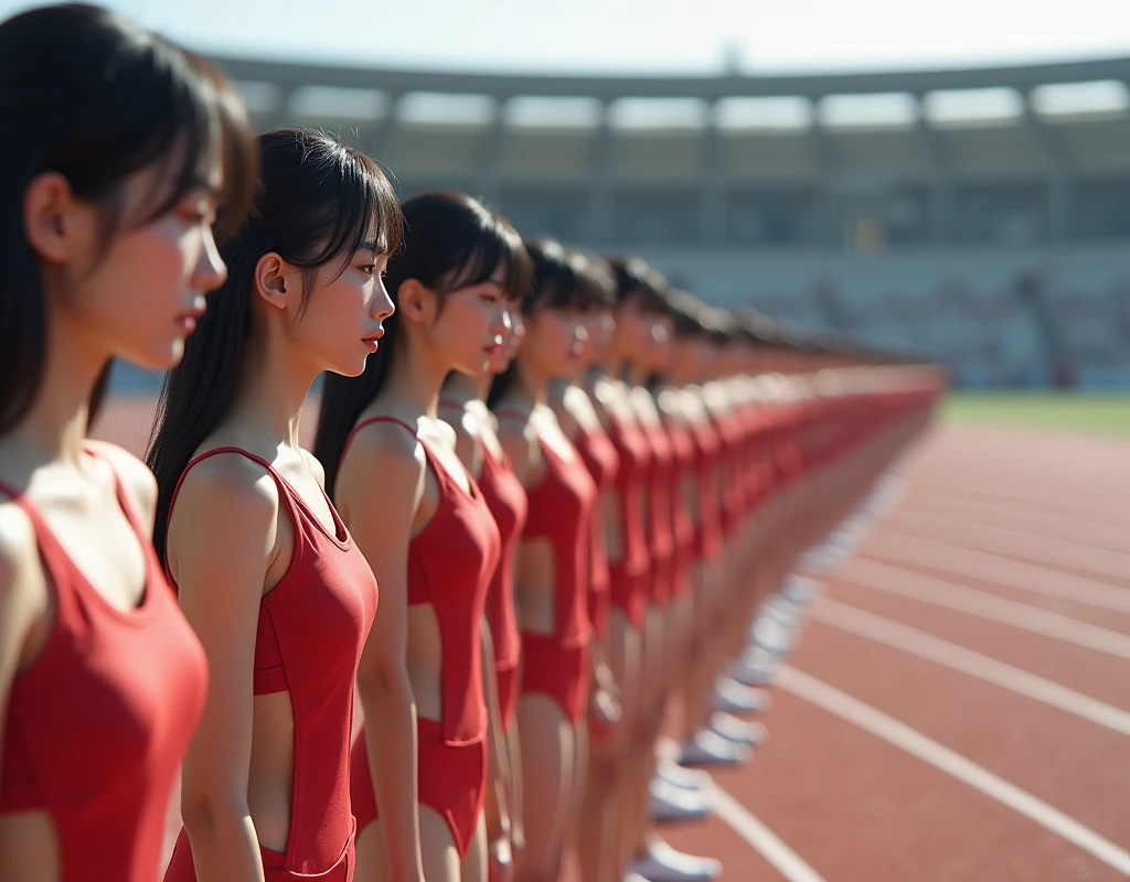 (No need for a center subject in the foreground), (Japanese Clone-girls=Myself), (Super Best masterpiece Clone-girls Raw Photography Art), (16K, Highest quality, Ultra-high resolution, RAW Photos), (It's so unrealistic., With unparalleled depiction, With an unfathomable sight, An unprecedented and shocking worldview, Clone-girls: In a world of mass reproduction, Ultra-realistic depiction), (Japanese Girls, Hamabe-Minami, ), (Small face, Thick black hair, Short Hair, Dark Eyes, Mature face, Cute Smile), (Serious expression), (Very beautiful and detailed girl, Accurate body structure, Accurate body movements, Very detailed body), (Super big breasts, Large bulge of ample breasts), (Track and field uniforms, Emphasise the fullness of your breasts), (Very detailed, Myself cloning, Depiction of splitting oneself, 1Myself girl→1,000,000,000,000,000,000,000,000,000,000Myself cloning girls), (Myself clone girlsは, With the same perfect appearance, to multiply in large numbers), (Very detailed depiction, Myself's multiplying female body, In the same female body,With the same face, With the same hairstyle, In the same clothes, At the same height, 同じSuper big breastsで, A completely indistinguishable female body, 1,000,000,000,000,000,000,000,000,000,000 people), (Myself girls only), (1,000,000,000,000,000,000,000,000,000,000Myself girls), Starting point for the women's marathon, Lined up side by side at the starting line, A scene just before the start, 1 second before the starting gun, Set pose