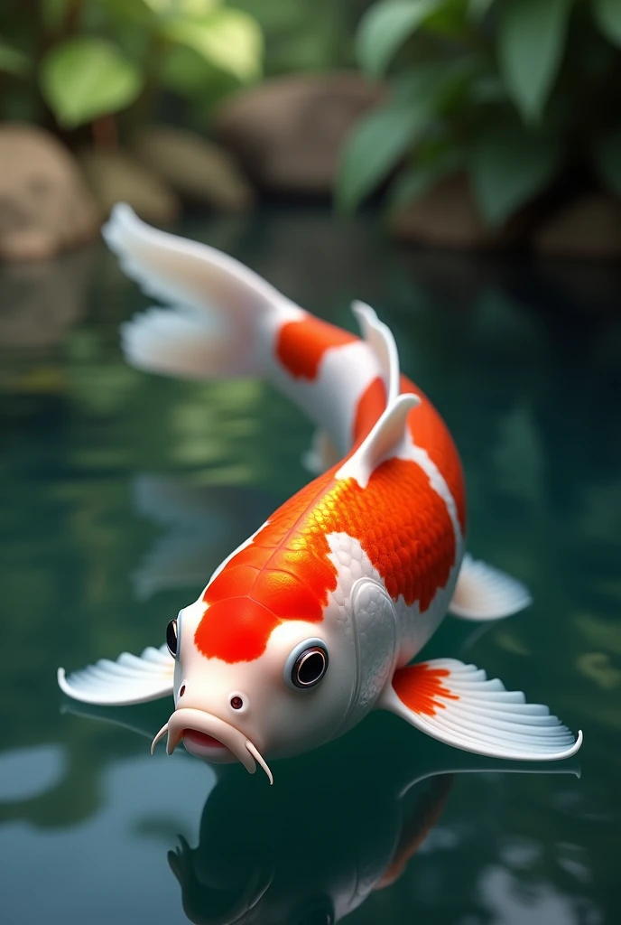 (photorealism:1.2), beautiful tancho koi fish, swim on the pond natural. With red and white colors on body