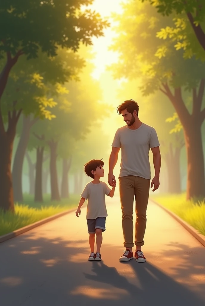 A father walking with his son in road