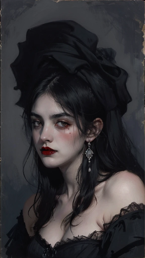 "Create an image of a gothic, curvy vampiric woman with pale skin and dark, dramatic makeup. She has blood dripping from her mouth, which accentuates her sharp fangs. Her eyes are shadowed with dark eye makeup, giving her a menacing yet alluring look. The woman is dressed in a revealing, intricately designed black corset with lace detailing and a deep neckline. She wears a dark veil over her long, tousled hair, partially covering her face, and a jewel adorns her forehead. The background is a shadowy, ancient gothic cathedral with tall, carved stone pillars. The image should be in a black-and-white, grayscale tone, with high contrast to emphasize the dark and eerie atmosphere. Add subtle, dark red tones to the blood for a striking effect. The image should convey a sense of horror, mystery, and dark beauty."