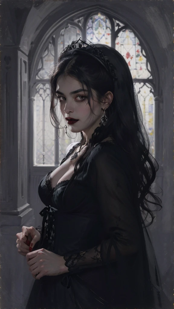 "Create an image of a gothic, curvy vampiric woman with pale skin and dark, dramatic makeup. She has blood dripping from her mouth, which accentuates her sharp fangs. Her eyes are shadowed with dark eye makeup, giving her a menacing yet alluring look. The woman is dressed in a revealing, intricately designed black corset with lace detailing and a deep neckline. She wears a dark veil over her long, tousled hair, partially covering her face, and a jewel adorns her forehead. The background is a shadowy, ancient gothic cathedral with tall, carved stone pillars. The image should be in a black-and-white, grayscale tone, with high contrast to emphasize the dark and eerie atmosphere. Add subtle, dark red tones to the blood for a striking effect. The image should convey a sense of horror, mystery, and dark beauty."