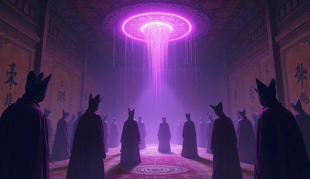A fantastical Japanese-style room from another world、Place々Creepy、People in strange costumes々、Mysterious Ritual、Drawing from the perspective of a participant、A mysterious purple light、Adding a spooky feeling