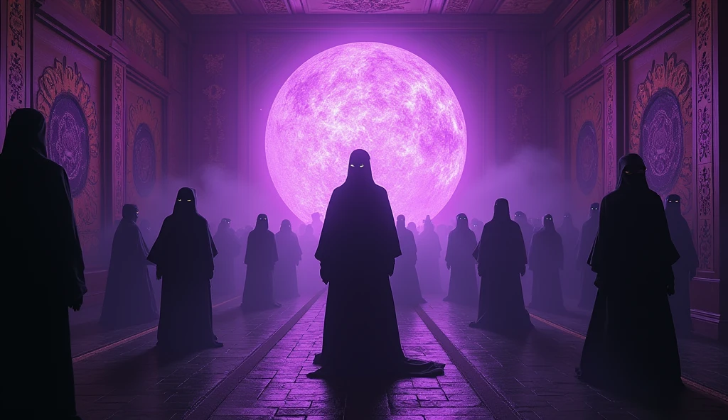 A fantastical Japanese-style room from another world、Place々Creepy、People in strange costumes々、Mysterious Ritual、Drawing from the perspective of a participant、A mysterious purple light、Adding a spooky feeling