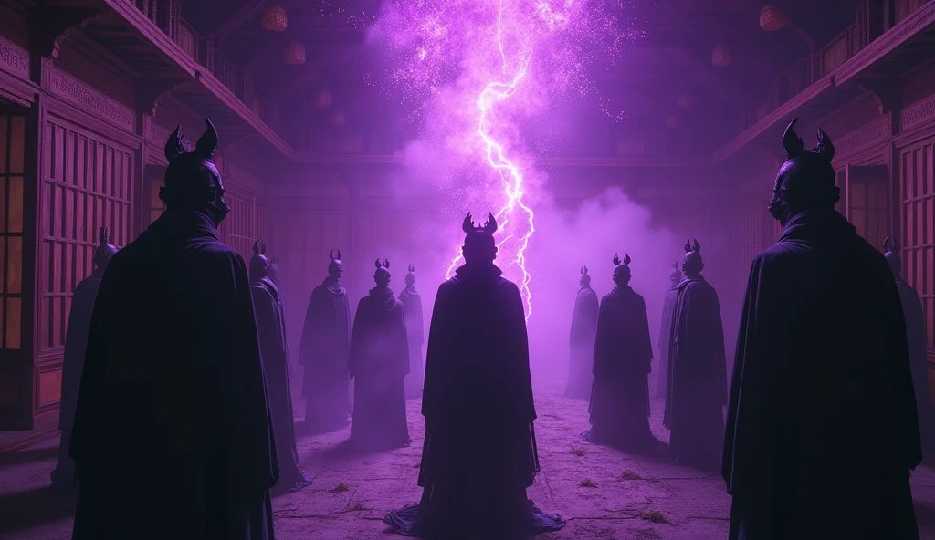 A fantastical Japanese-style room from another world、Place々Creepy、People in strange costumes々、Mysterious Ritual、Drawing from the perspective of a participant、A mysterious purple light、Adding a spooky feeling