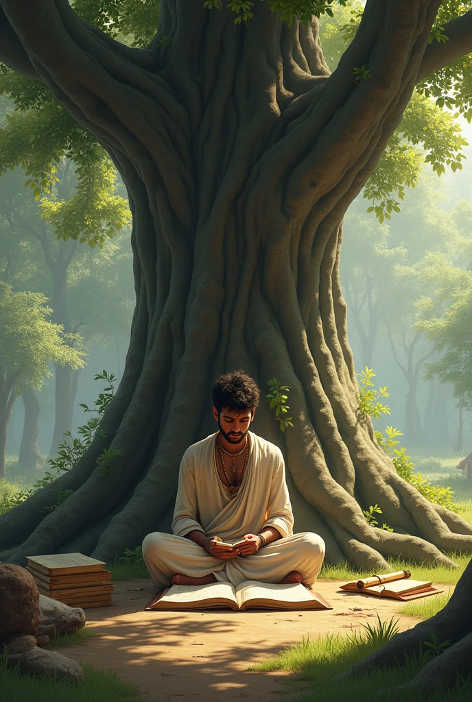Male Student studying in gurukul.under tree