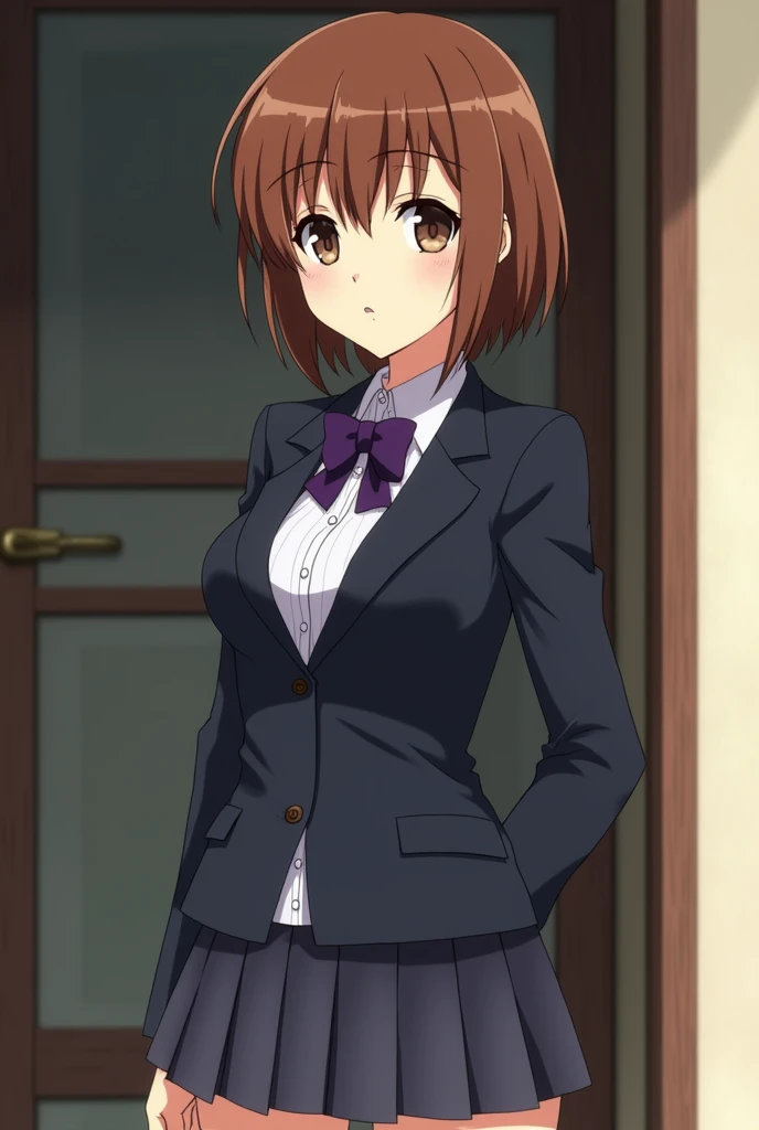 Kururi Orihara, sexy, school uniform, brown hair, short hair, standing, curvy, brown eyes, Kuudere, Durarara, anime, character, Busty