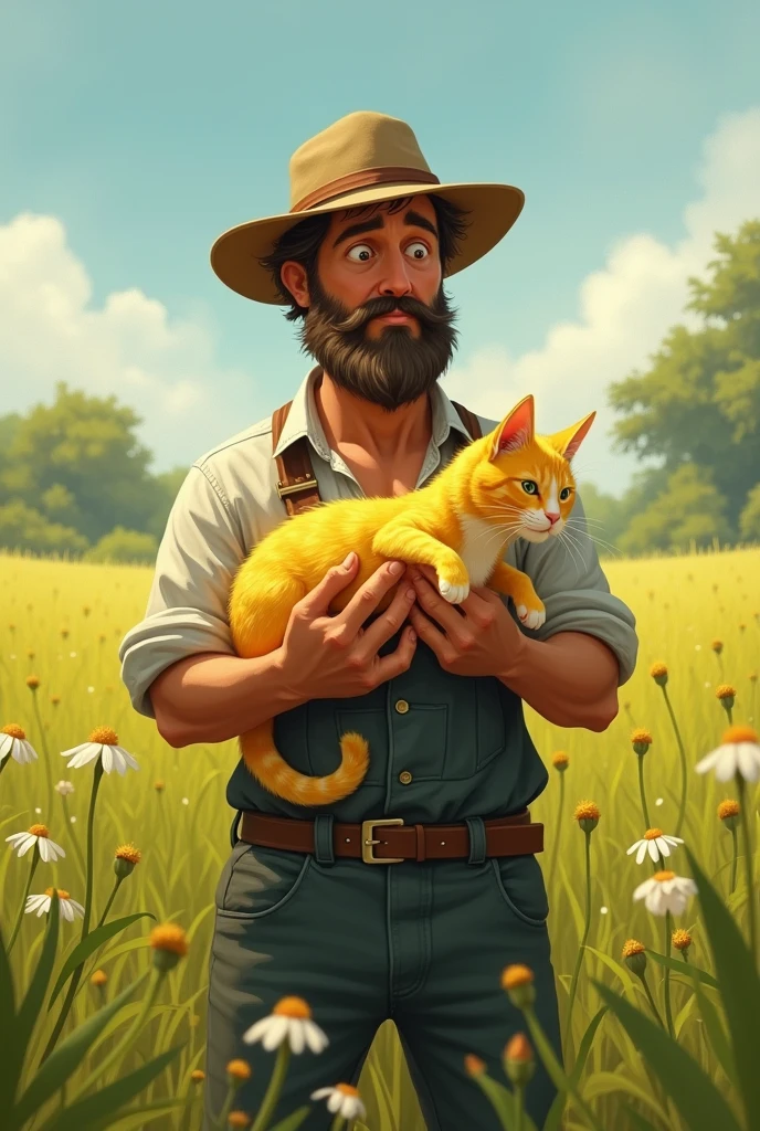 **Farmer Holding Lemon Cat**: The farmer holds the lemon cat in his arms, surprised by its citrusy scent and odd appearance, standing against the backdrop of the lush field.