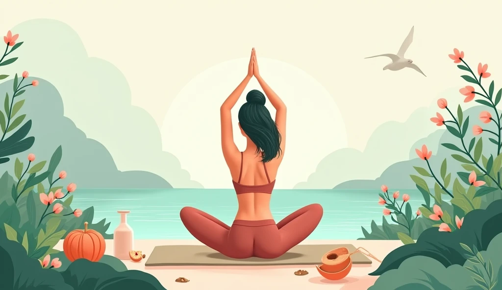 A serene background with soft, natural elements like flowing greenery, flowers, or gentle waves, balanced mix of wellness items like a yoga mat, healthy food, serene moments of self-care, Incorporate imagery of a woman practicing yoga or meditation in nature. “Find Your Balance, Live Your Best” in a clean, modern font, Earthy tones like sage green, soft blues, and muted pinks to create a calming effect.