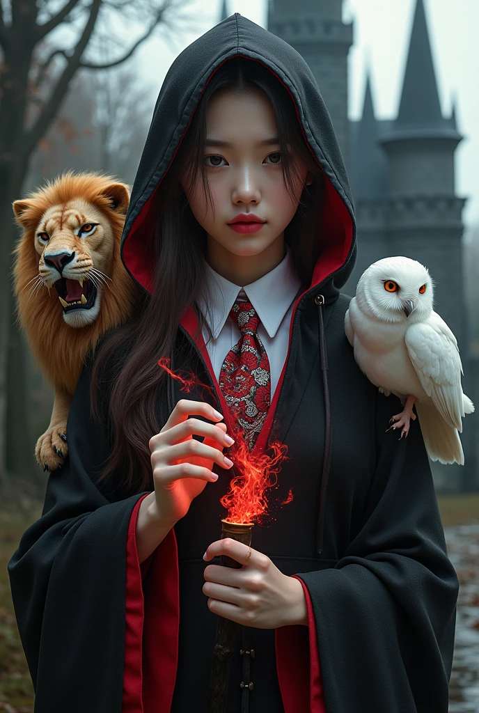 photorealistic photo, asian woman, white skin, Facing straight, Fluffy black hair, Five long, slender fingers on each hand, Black witch cloak, Red Hood, black witch hat, White collared inner shirt, Red and white patterned tie, One hand holds the handle of a small magic wand., There were several red sparks and red smoke coming out of the wood., A white owl stands on the right shoulder., A large golden lion appeared from the left rear side., The background is an old black castle.