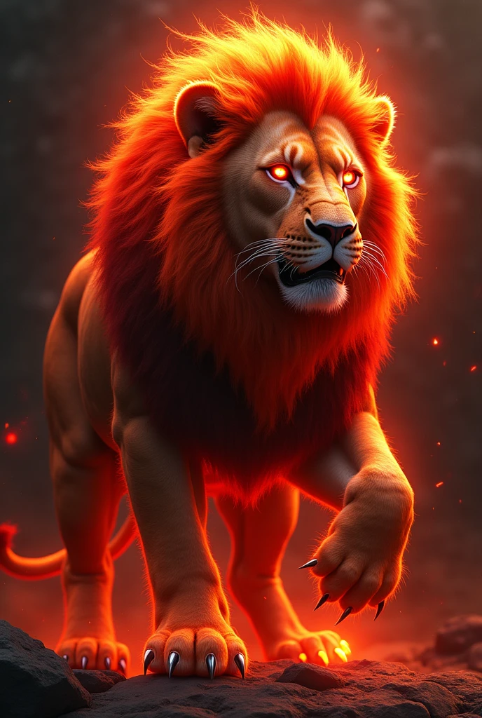 Lion with red hair and red glowing eyes showing sharp nails