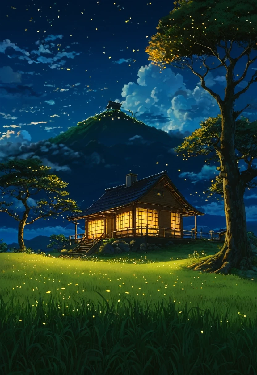 masterpiece!!!! 8k a cabin ANIME GHIBLI STYLE!!!!! The image shows a serene night scene of a house under a tree clouds hill golden clouds lighting anime 8k l fireflies grass night stylo anime ghibli, under tree, you grow a night sky, animated clouds lighting!!!!!! and shadow, firefly golden leaves