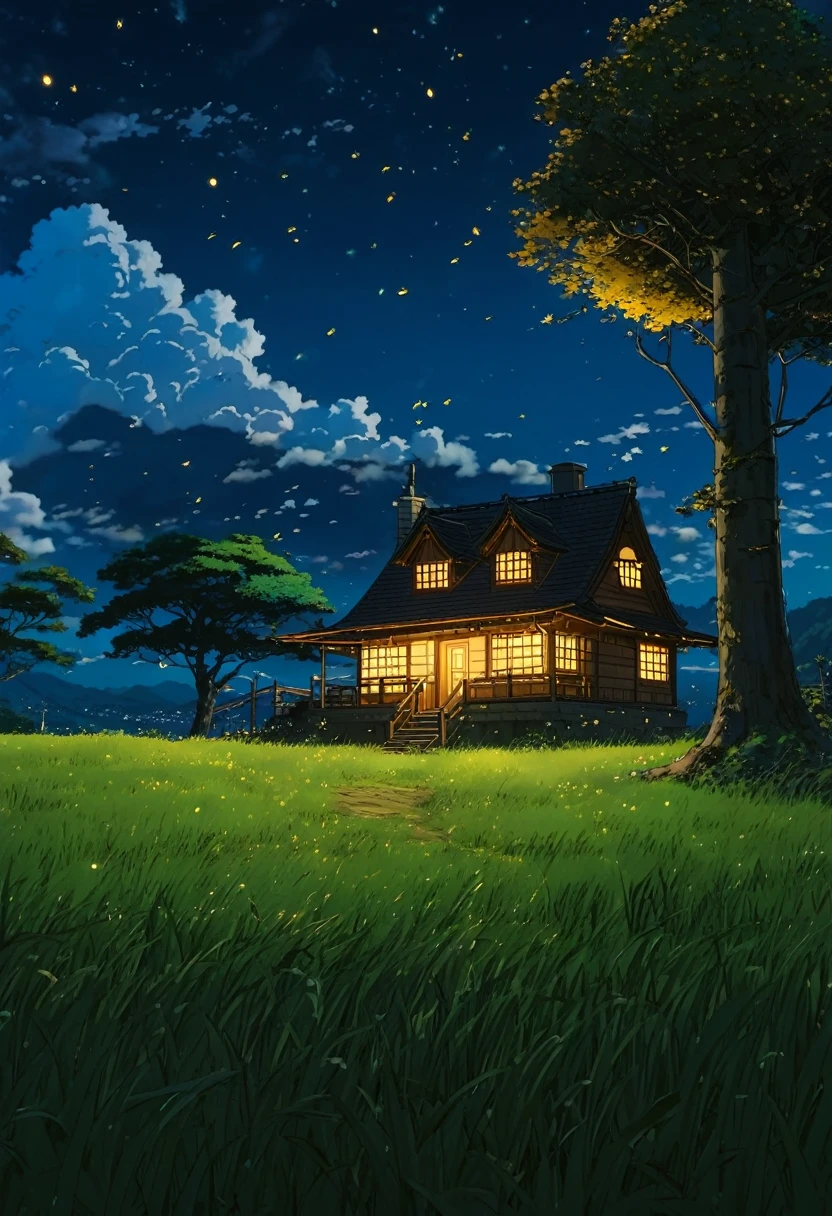 masterpiece!!!!     8k a cabin ANIME GHIBLI STYLE!!!!! The image shows a serene night scene of a house under a tree clouds hill golden clouds lighting anime 8k l fireflies grass night stylo anime ghibli,     under tree,      you grow a night sky,    animated clouds lighting!!!!!!      and shadow,   firefly golden leaves  