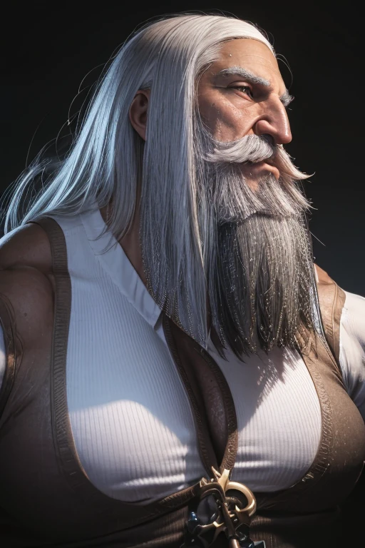 a big-nosed guy with long white hair and a failed mustache and an sharp blocky beard sensualizing, well groomed moustache, thick pronounced grey beard, grizzly hair, absurdly huge nose, hawk nose, big old man nose, convex nose, pronounced bridge and outward curve that protrudes from the base of the nose, dark skin, blue eyes, 80-years old man, big chest, clean smooth beard