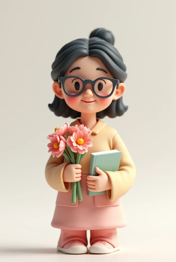 Asian illustration, a 30 year old female teacher, Holding a book and a bouquet of flowers in hand, glasses, smile, white background, clay, Matte, soft light, glowwave, simple, 3d, blender, oc render, in by pop mart, blind box toy, hyper detail, c4d, 8k, uhd