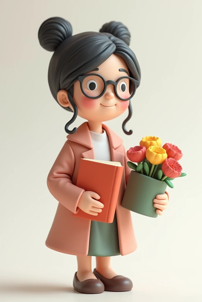 Asian illustration, a 30 year old female teacher, Holding a book and a bouquet of flowers in hand, glasses, smile, white background, clay, Matte, soft light, glowwave, simple, 3d, blender, oc render, in by pop mart, blind box toy, hyper detail, c4d, 8k, uhd