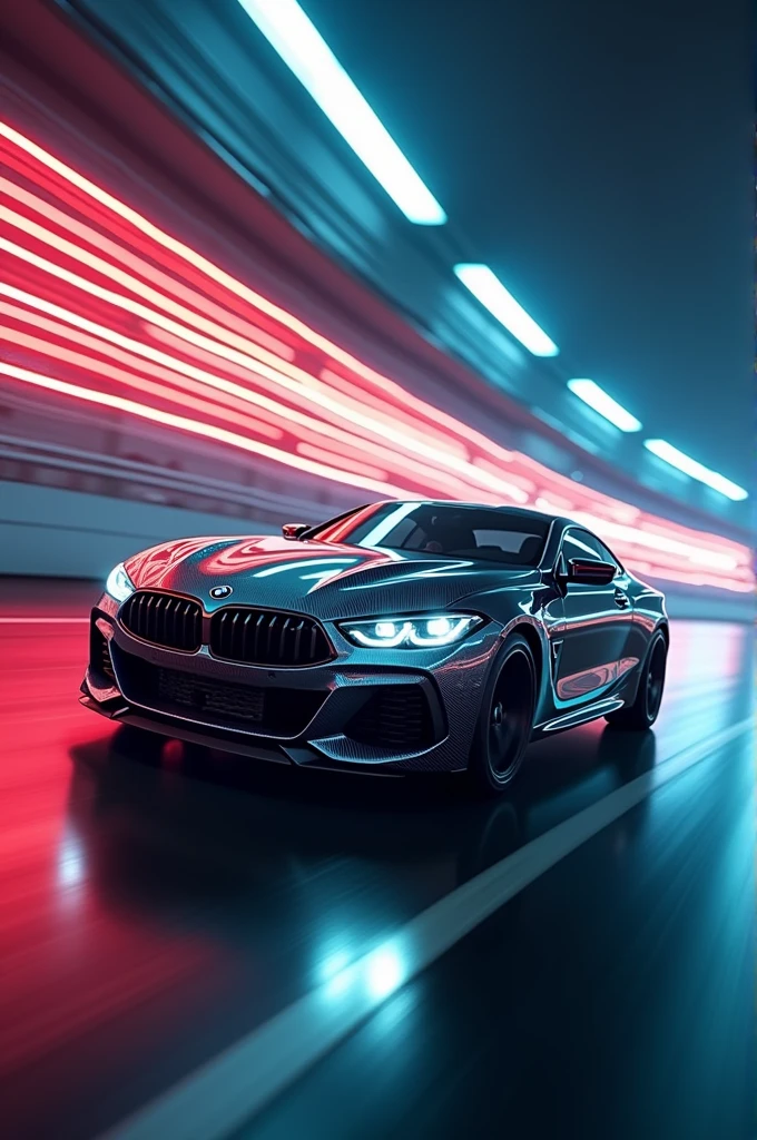 Bmw on race track and blur lights red and blue 