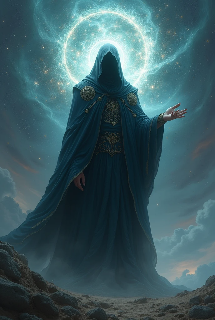 imagine a creator god who creates worlds and other gods his face covered with black cape