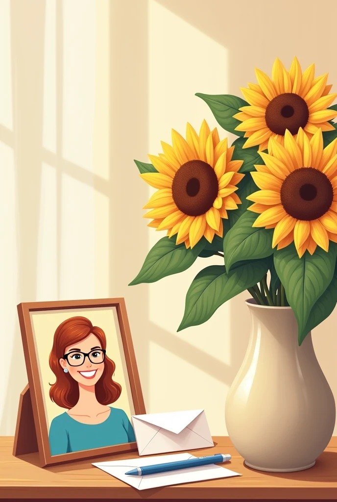 On the table was a vase filled with sunflowers, and next to the vase was a photo frame with a picture of a smiling lady wearing glasses. There was also a greeting card on the table with "Happy Teacher's Day" written on it, and next to the card were a few unopened envelopes and a pen. a simple background, a flat illustration style, and a warm color scheme, all in high resolution. a cute and happy vibe, soft light casting gentle shadows, a cheerful mood, and a close-up shot.