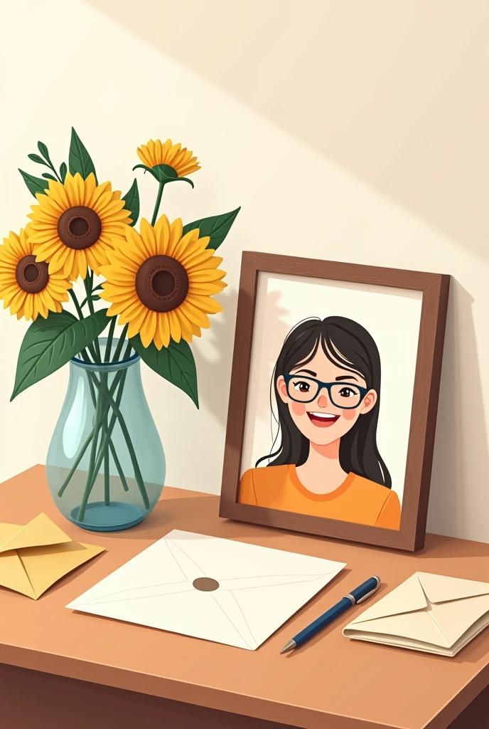 On the table was a vase filled with sunflowers, and next to the vase was a photo frame with a picture of a smiling lady wearing glasses. There was also a greeting card on the table with "Happy Teacher's Day" written on it, and next to the card were a few unopened envelopes and a pen. a simple background, a flat illustration style, and a warm color scheme, all in high resolution. a cute and happy vibe, soft light casting gentle shadows, a cheerful mood, and a close-up shot.