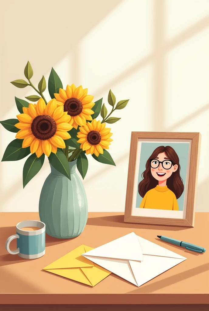 On the table was a vase filled with sunflowers, and next to the vase was a photo frame with a picture of a smiling lady wearing glasses. There was also a greeting card on the table with "Happy Teacher's Day" written on it, and next to the card were a few unopened envelopes and a pen. a simple background, a flat illustration style, and a warm color scheme, all in high resolution. a cute and happy vibe, soft light casting gentle shadows, a cheerful mood, and a close-up shot.