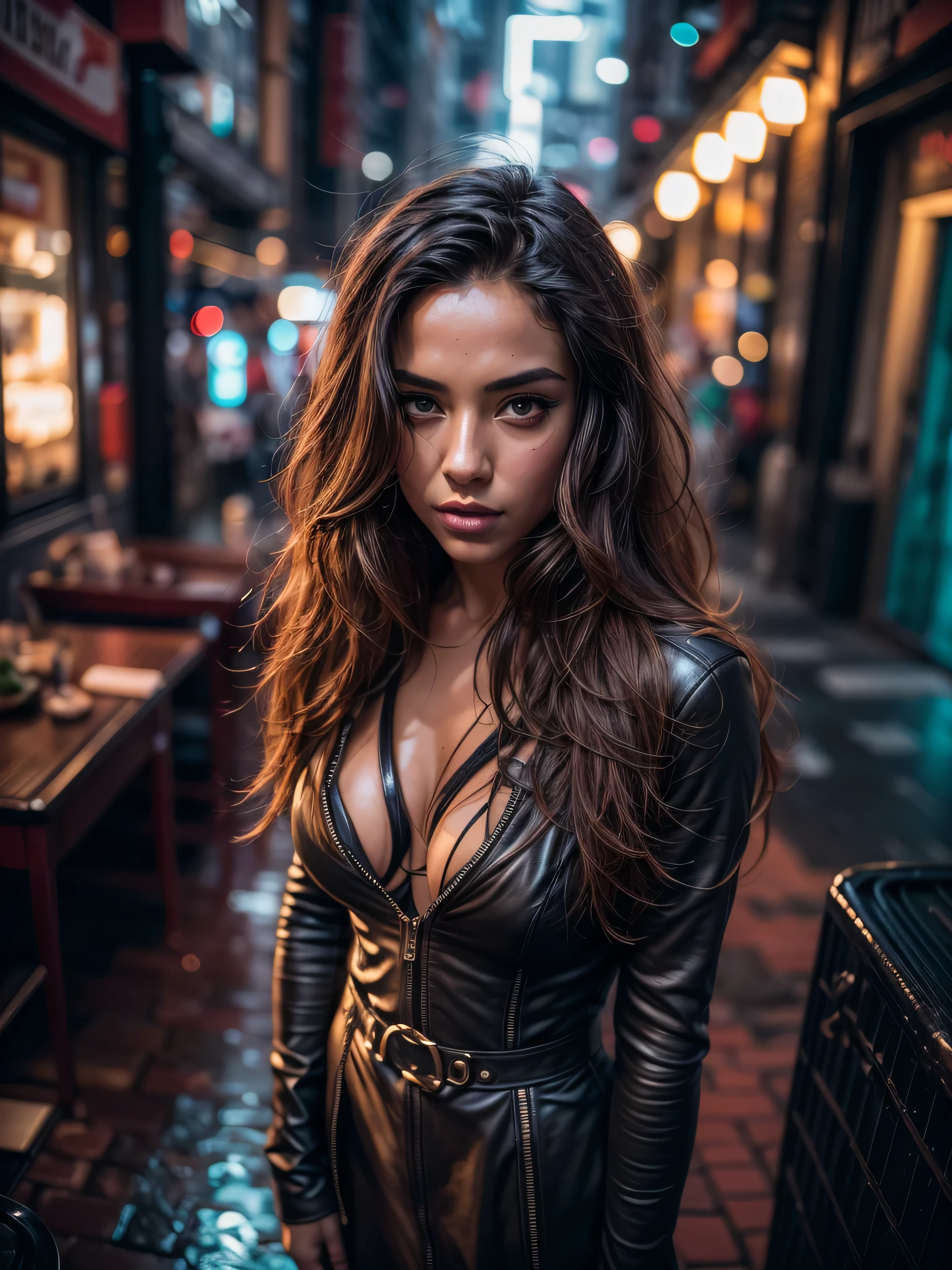 ((Fisheye)) ((high angle shot))One ultra hot gorgeous European woman. Age 23.Instagram model. RAW, beautiful woman, (extra long wavy brown hair), ((detailed face:1.2)), ((detailed facial features)), (finely detailed skin), (high detailed deep cleavage cyberpunk ((steel)) dress), cyberpunk snowy megacity environment at night, (cold colors), damp, moist, reflection masterpiece) (perfect proportion)(realistic photo)(best quality) (detailed) photographed on a Canon EOS R5, 50mm lens, F/2.8, HDR, (8k) (wallpaper) (cinematic lighting) (dramatic lighting) (sharp focus) (intricate)