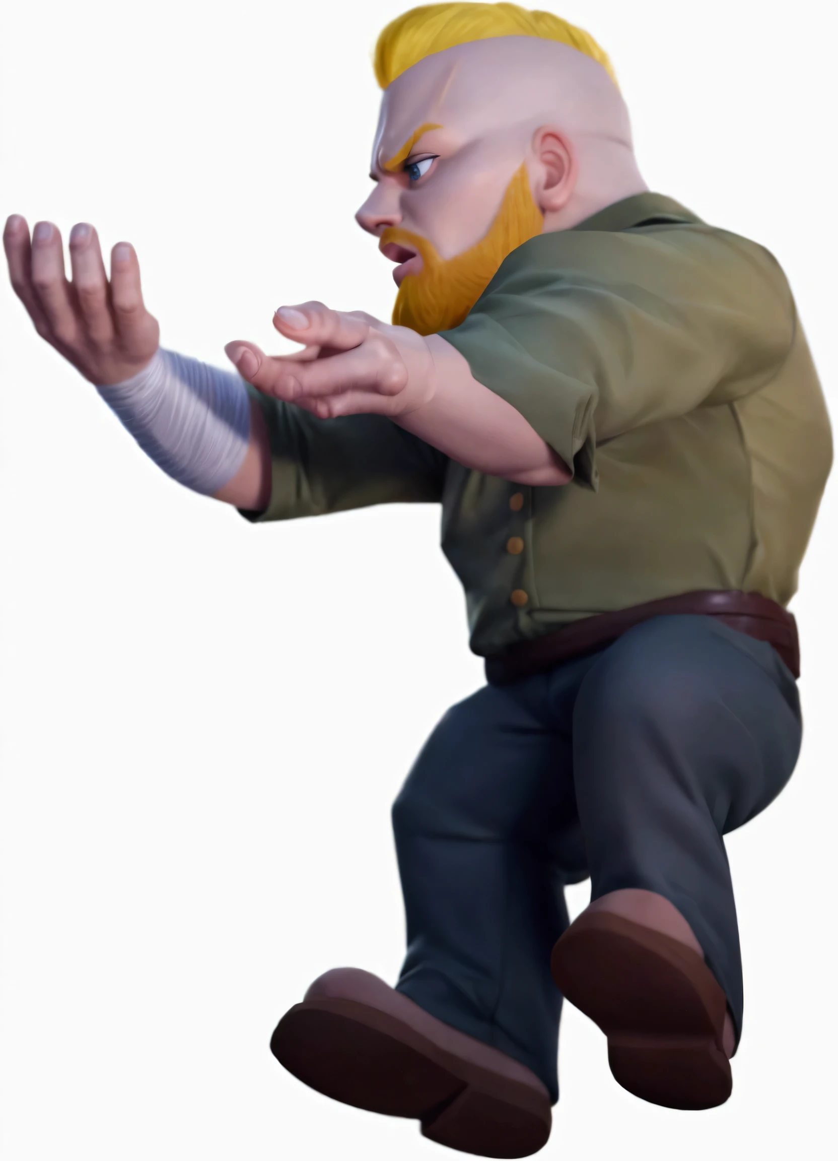 A blond man,blonde,Authentic hair texture,Hooked nose,Fierce expression,Green Shirt,Right forearm wrapped in bandage,Fighting Stance,Fighting Stance,character render,3d rendering stylized,Realistic clothes folds,More clothing details,ue5 render,Cartoon Characters