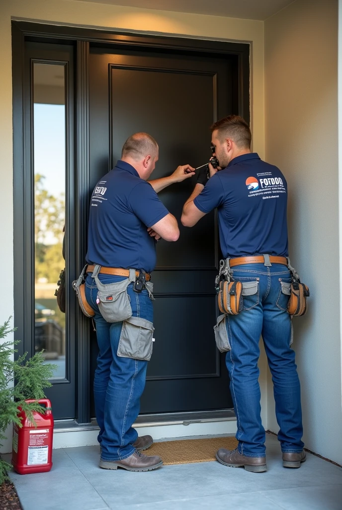 Create a professional and realistic image for an online store that offers door installation and maintenance services, focusing on the installation of a thermal break entry door with waterproofing of the opening and sealing of the door trim with a PSUL tape. The image should depict skilled workers in the process of installing a high-quality entry door, clearly showing the application of waterproofing materials around the door frame and the careful application of PSUL tape to the door trim. The setting should be a well-maintained home exterior, with the workers dressed in branded, professional attire. The door itself should be modern and sturdy, highlighting the thermal break feature. Include tools and materials neatly organized around the work area, reinforcing the meticulous and professional approach to the installation. Branding elements such as logos on the workers' uniforms and equipment should be subtly integrated to enhance the company’s identity. The overall scene should convey expertise, precision, and a commitment to high-quality service.







