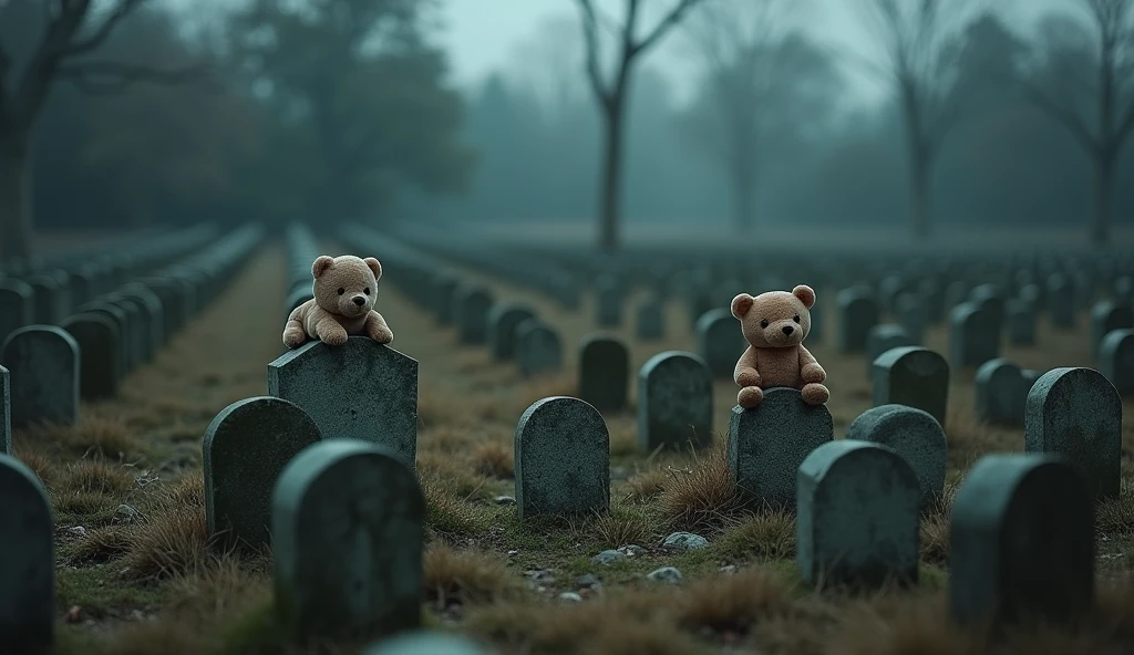 a graveyard with many small graves, each with a toy or stuffed animal on top, symbolizing the loss of young lives, highly detailed, cinematic lighting, moody atmosphere, somber colors, intricate textures, dramatic shadows, masterpiece, photorealistic