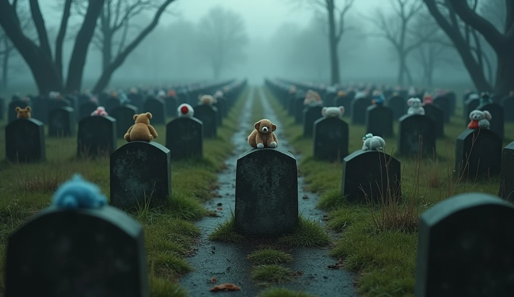 a graveyard with many small graves, each with a toy or stuffed animal on top, symbolizing the loss of young lives, highly detailed, cinematic lighting, moody atmosphere, somber colors, intricate textures, dramatic shadows, masterpiece, photorealistic