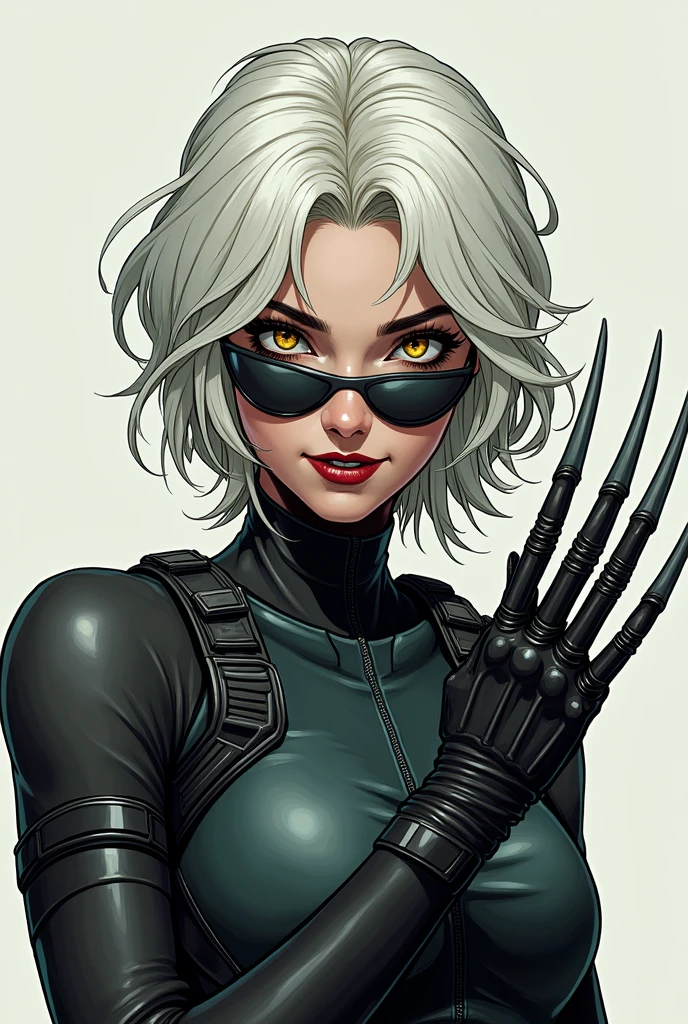 women with pale skin, Medium hair, White hair, hair over the shoulder, shag hairstyle, yellow eyes, smile, open mouth, showing her Fangs, vertical slit pupils, side-shields sunglasses, breasts, vibranium claws, tactical clothing(x men suit gloves), Very detailed, high quality, simple background, looking at the viewer, showing her vibranium claws, anatomically correct, High resolution, character design, full body, comic style art